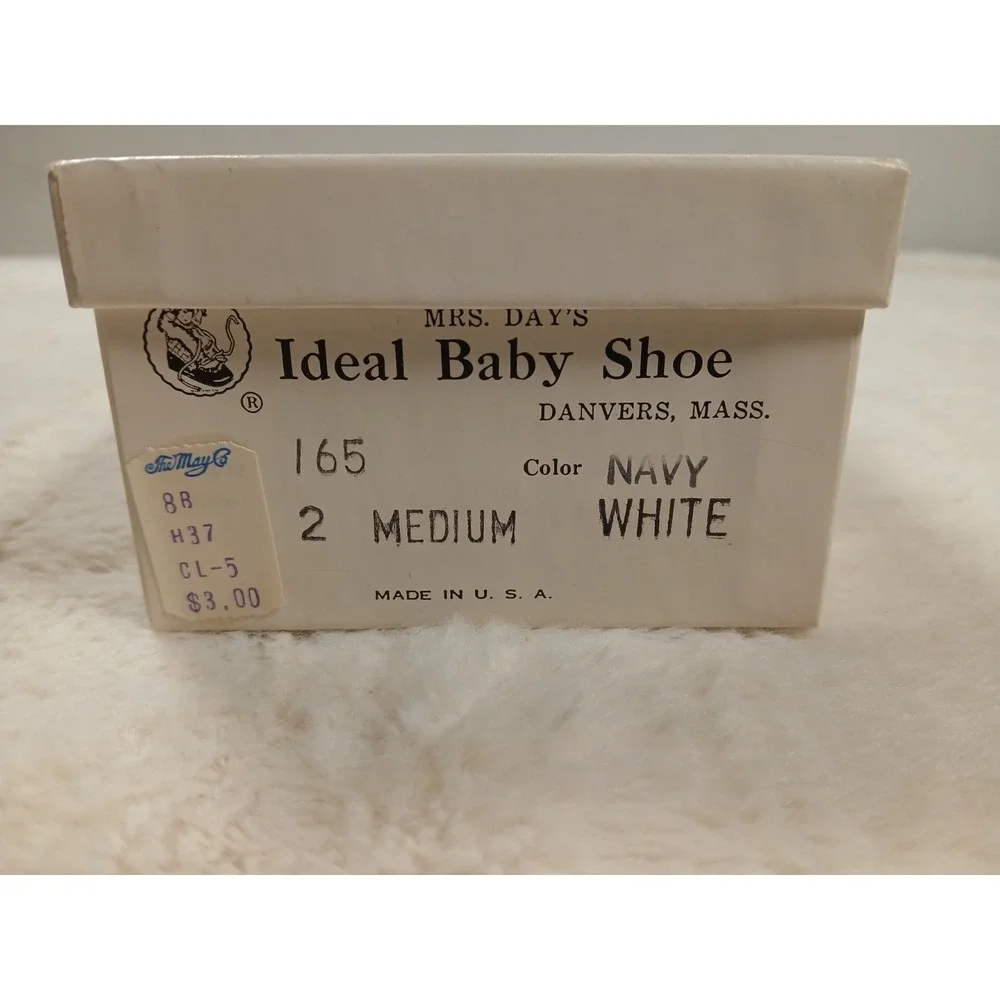 Vtg‎ Mrs. Day's Ideal Baby Shoe White & Navy Soft Leather Shoes Infant  Wearable